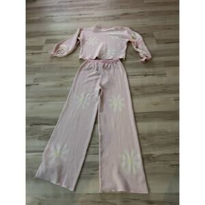Ekouaer‎ Pink Daisy Knit Pajama Set Women Lounge Wear Long Sleeve Top Wide Leg